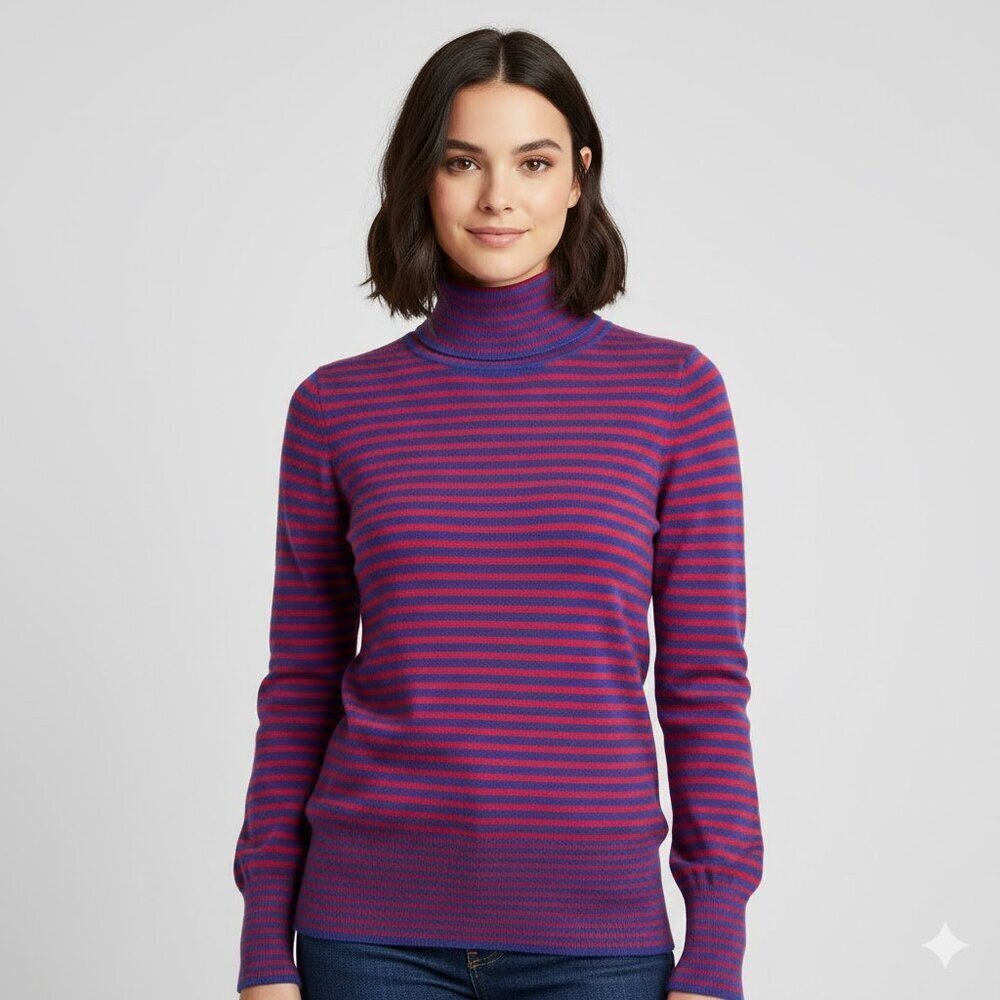 J. Crew Merino Wool Blue & Red Striped Tippi Turtleneck Sweater Size Sma…